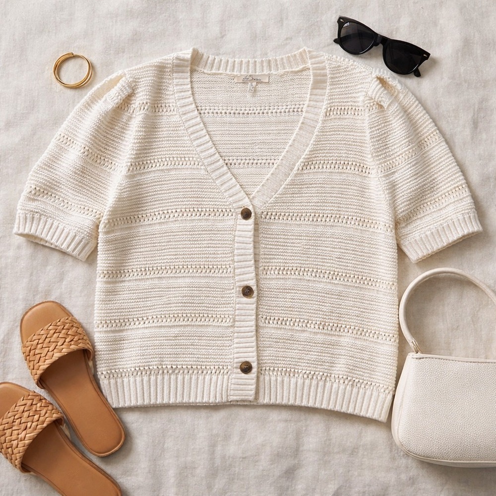 Lightweight White Knit Button-Front Cardigan